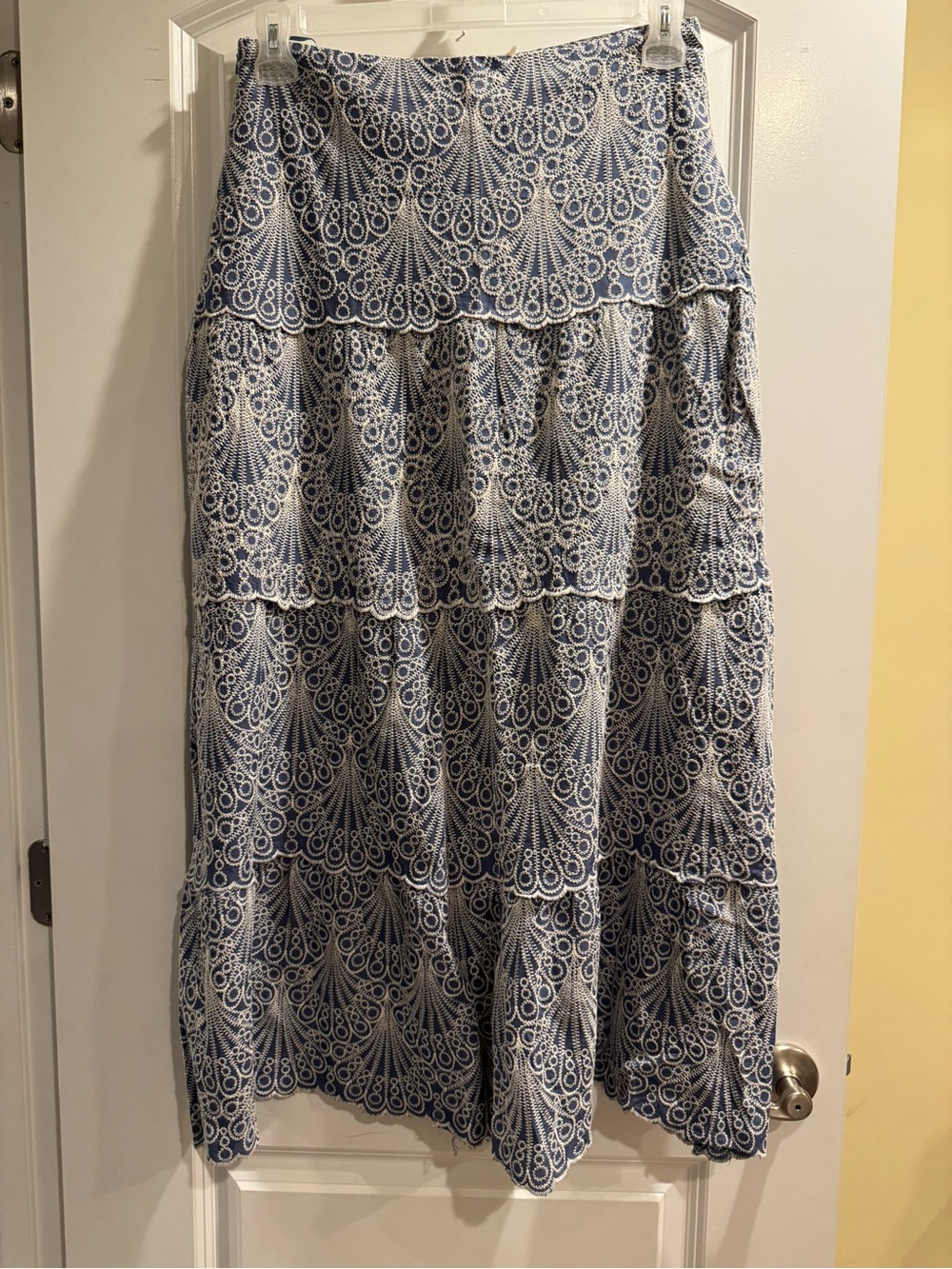 Blue and White Tiered Midi Skirt with Fan Lace Print